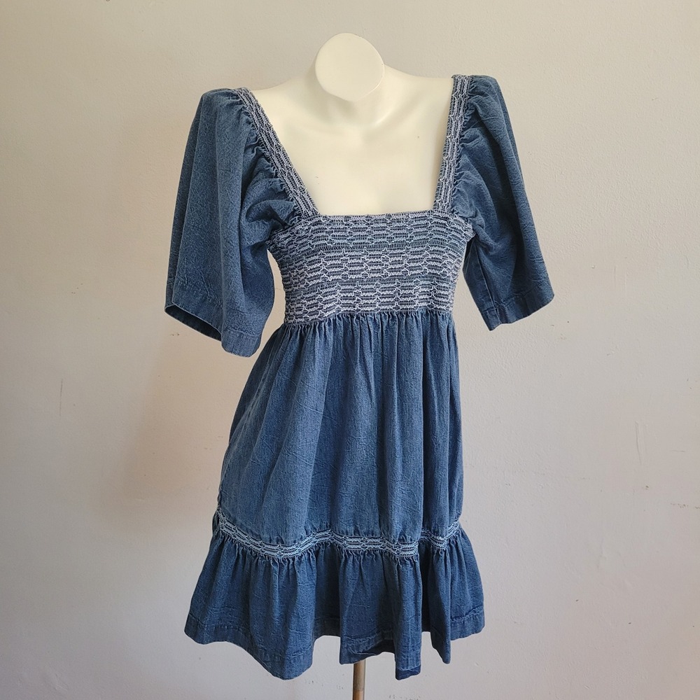 Free People Easy To Love Denim Babydoll Mini Dress Small Square Neck Western